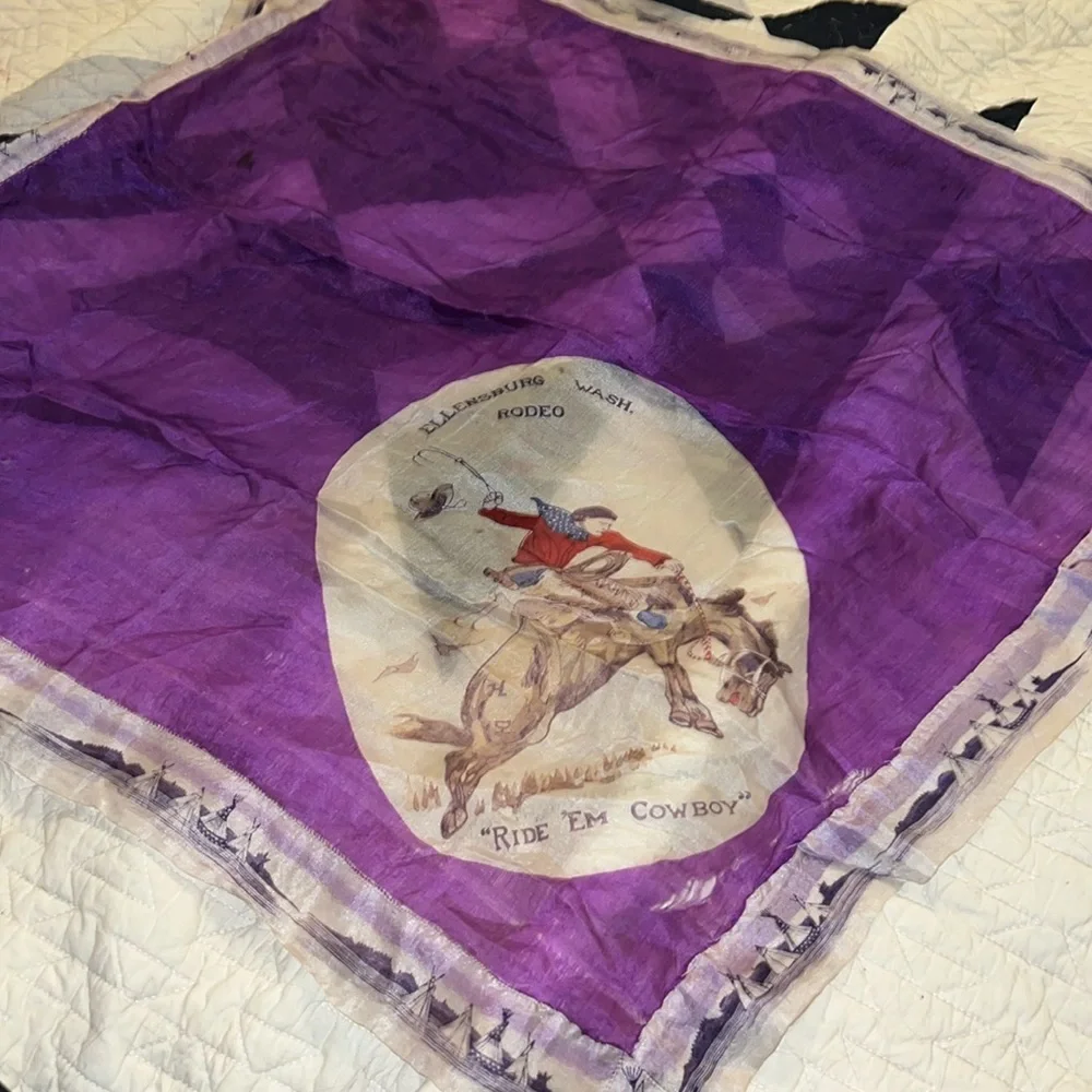 OOAK Antique Ellensburg Washington Rodeo tee pee cowboy silk scarf handmade